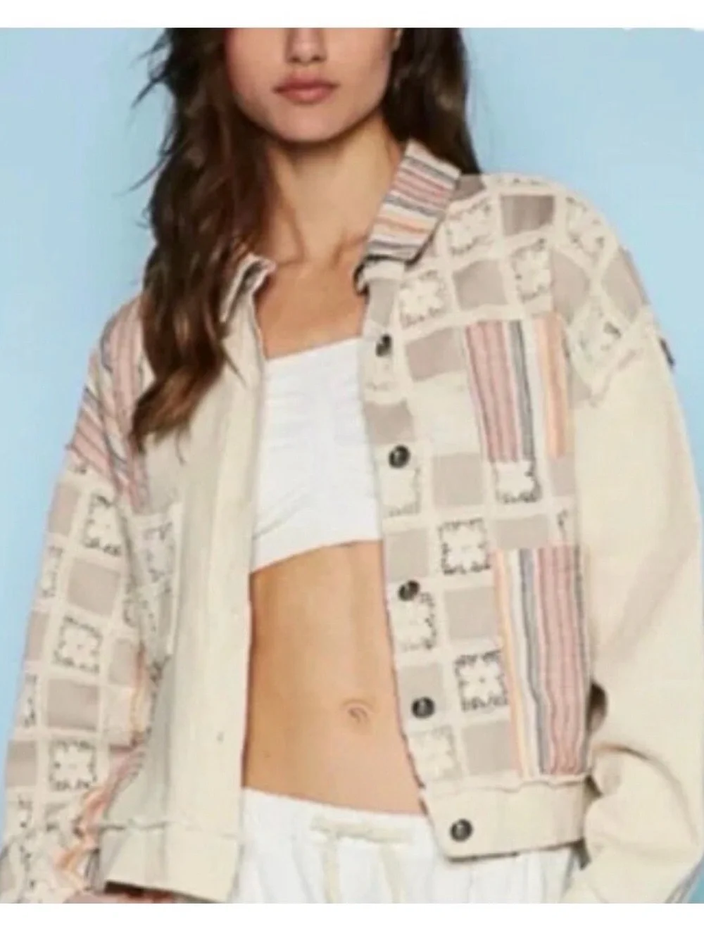 POL Patchwork Lace Trucker Jacket in Beige with Pastel Stripes